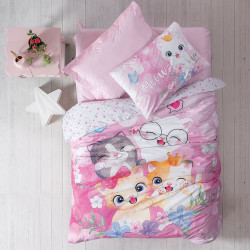 Σεντόνια Παιδικά Meow Με Λάστιχο (Σετ 3τμχ) Pink Madi Μονό 160x250cm 100% Βαμβάκι