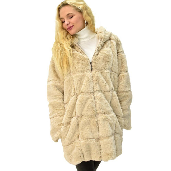Γυναικείο παλτό γούνα με τετράγωνα δέρματα και κουκούλα
