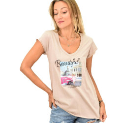Γυναικεία κοντομάνικη μπλούζα με τύπωμα και V λαιμόκοψη