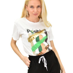Γυναικείο T-shirt με τύπωμα και στρας Positive