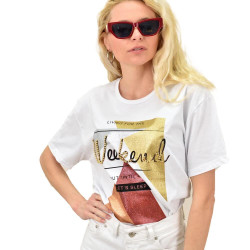 Γυναικείο T-shirt με τύπωμα και στρας WEEKEND