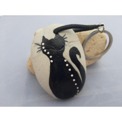 Key ring with hand painted stone, Key leather chain, decorated with a hand made cat .